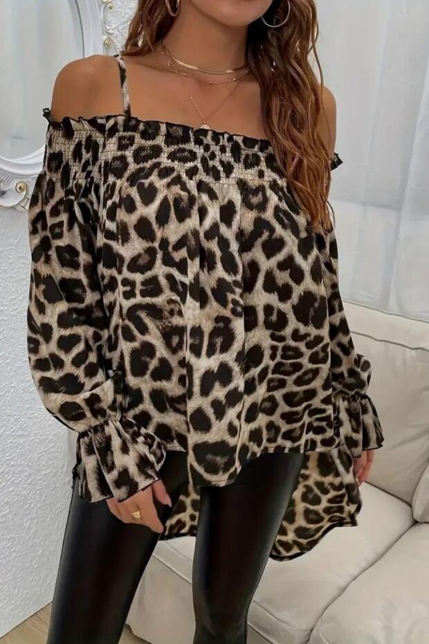 Leopard Patterned Off-Shoulder Single Jersey Blouse - Leopard - 1