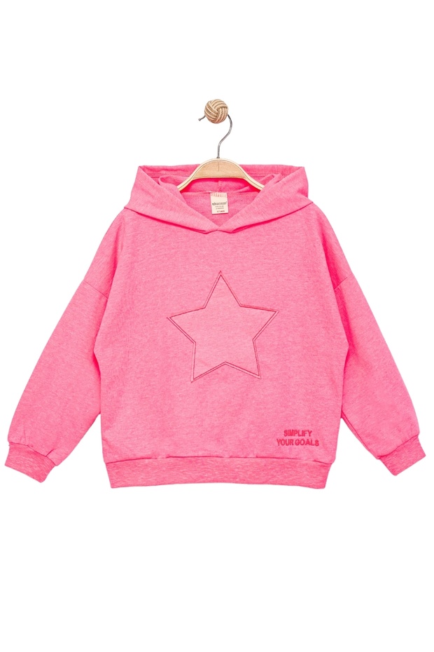 Divonette Kız Çocuk Kapşonlu Pembe Sweatshirt - Yıldız Desenli Yazı Nakışlı Çocuk Sweat