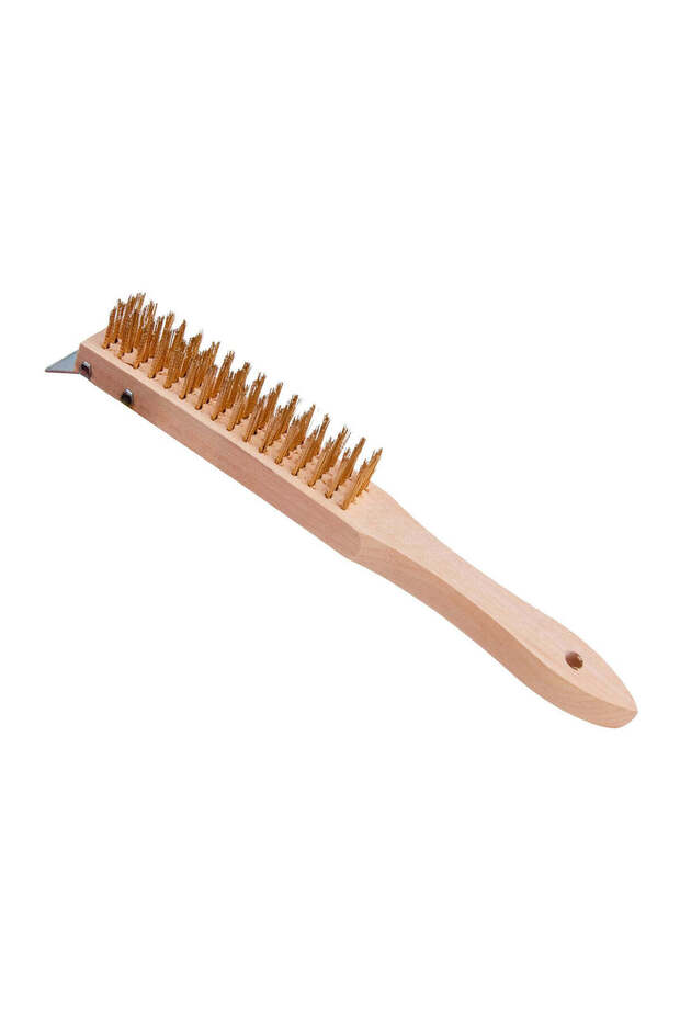 Brush for rust removal, wooden handle, 4 rows of wire and scraper, G00737 - 4