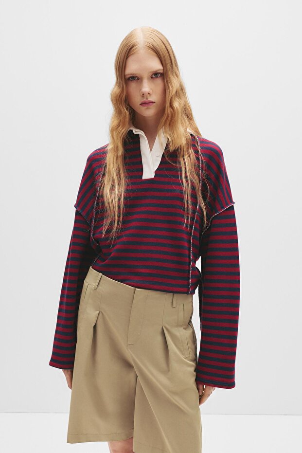 Çizgili polo yaka sweatshirt - 1