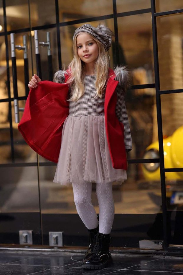 Girl's Square Patterned Skirt Tulle Dress Detailed Sleeveless Red Cashmere