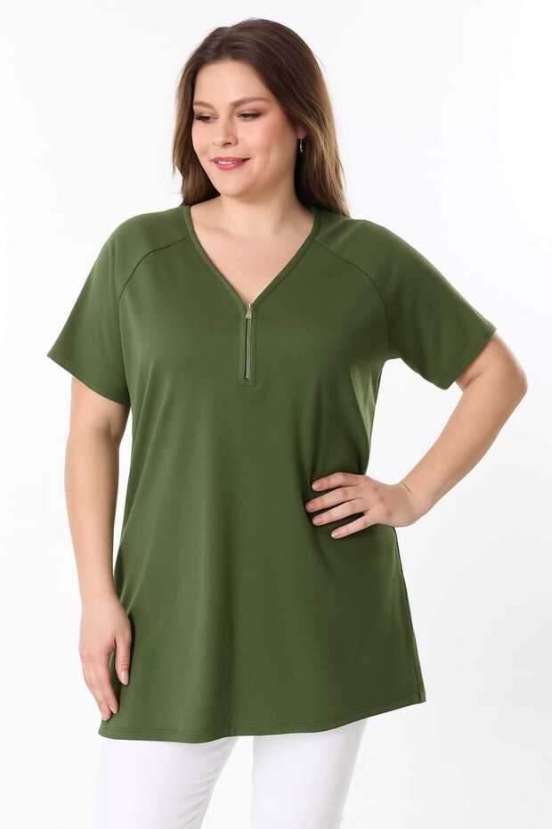 Women's Plus Size Green, Raglan Sleeve, Front Zipper Detail Viscose Blouse 65N39136