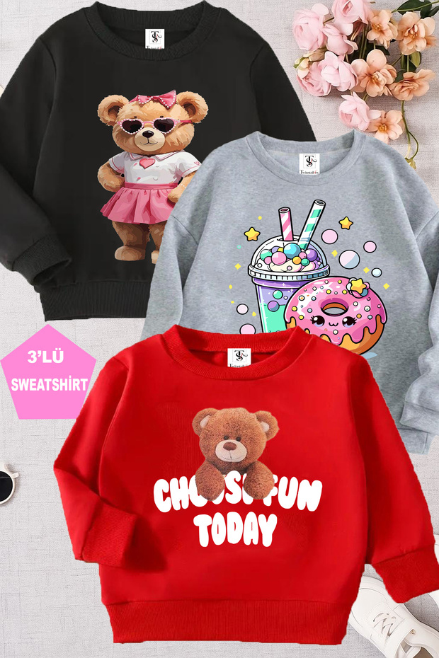 Black-Grey-Red Triple Crew Neck Girls' Sweatshirt with Fleece Inside, Teddy Bear and Donut Print