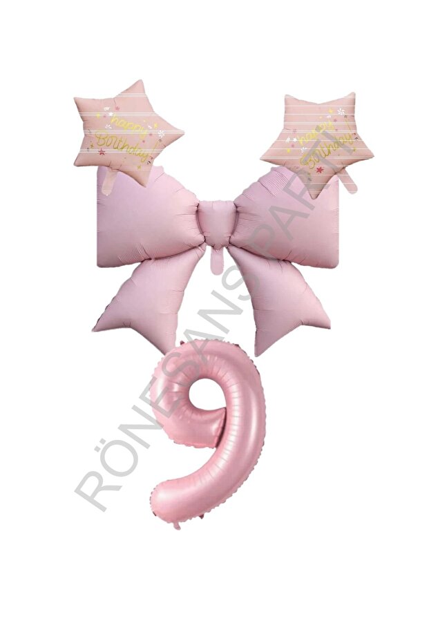 Pink Color Star Bow Number Foil Balloon Set Age 9