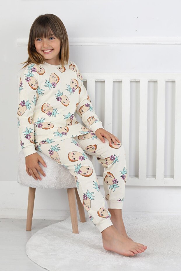 Kız Çocuk Ananas Desenli Pijama Takımı %100 Pamuk Uzun Kollu 3-13 Yaş - 4