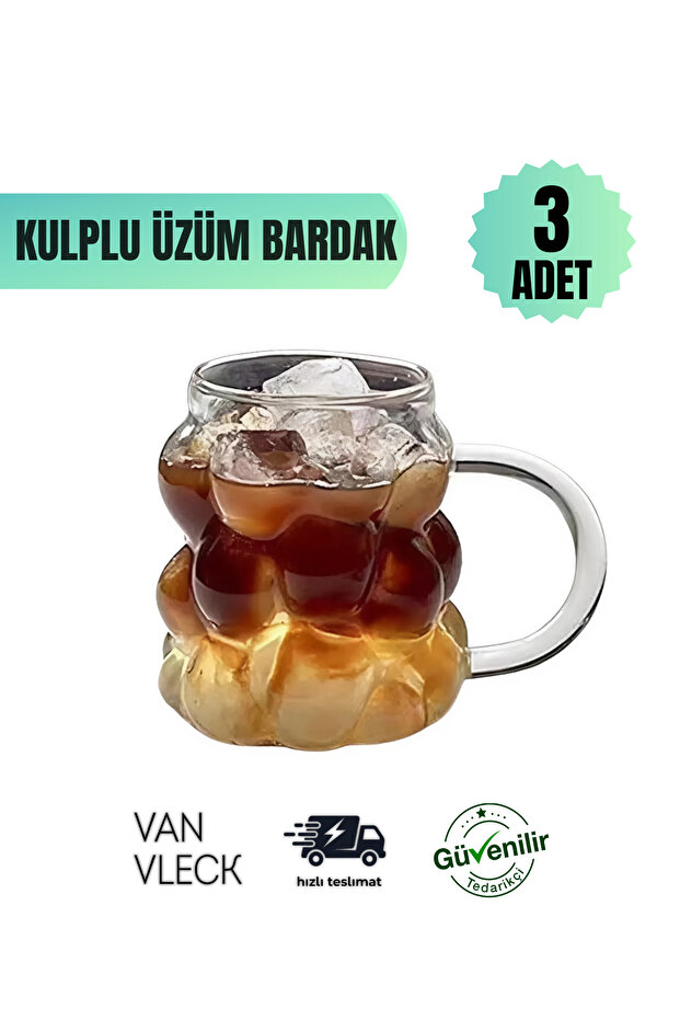 3-Piece Borosilicate Glass Cup with Handle – Heat Resistant, Bead Patterned Coffee Side & Presentation Cup