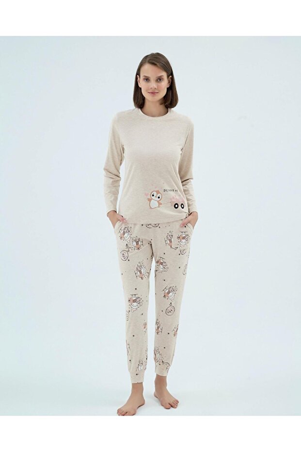 17145 Beige Penguin Pajama Set with Elasticated Cuffs