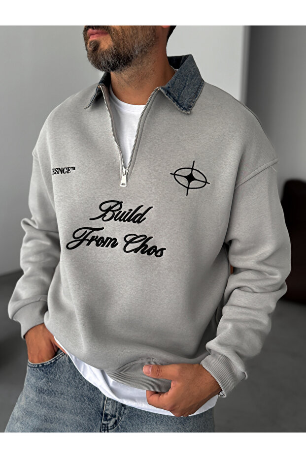Gri Kot Yaka Build Oversize Sweatshirt ES-71-76 - 2