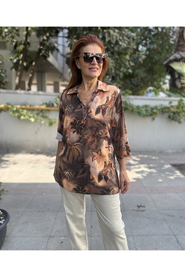 قميص أصلي بثلاثة أزرار باللون البني - 1