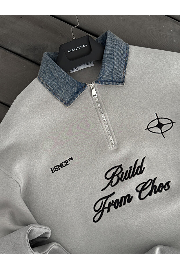 Gri Kot Yaka Build Oversize Sweatshirt ES-71-76 - 8