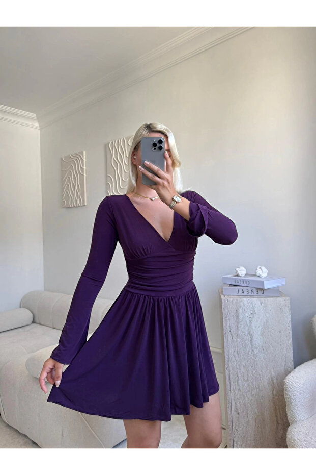 Pileli Kruvaze Şortlu Elbise - MOR - 2