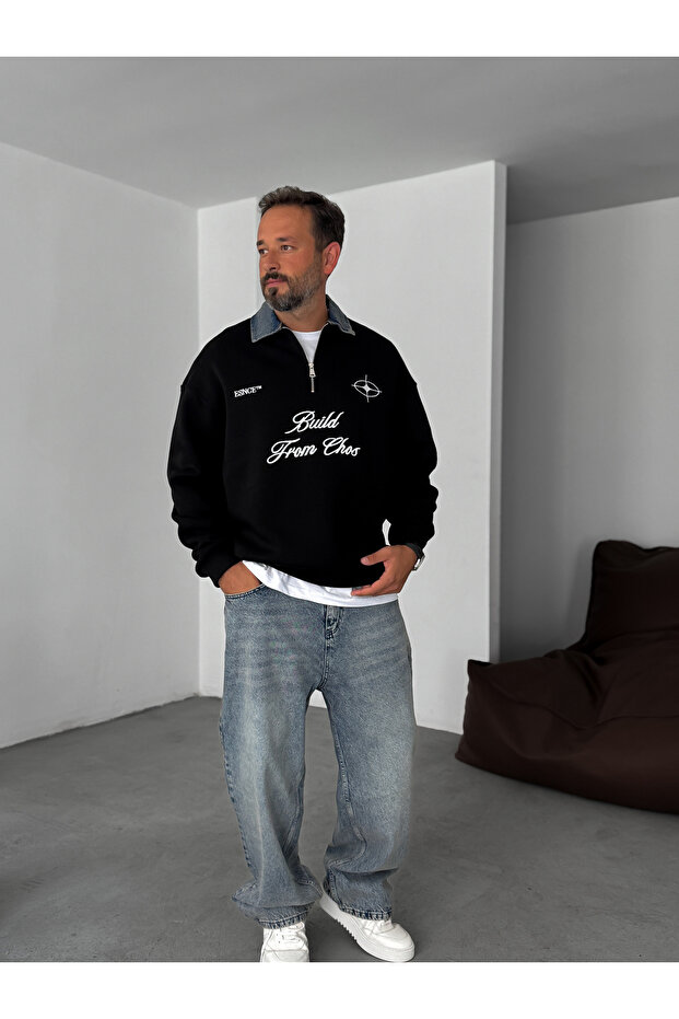 Siyah Kot Yaka Build Oversize Sweatshirt ES-71-76 - 5