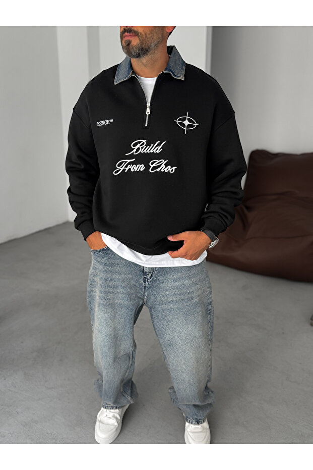 Siyah Kot Yaka Build Oversize Sweatshirt ES-71-76 - 3