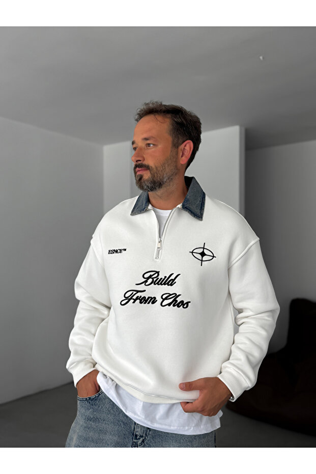 Beyaz Kot Yaka Build Oversize Sweatshirt ES-71-76 - 5