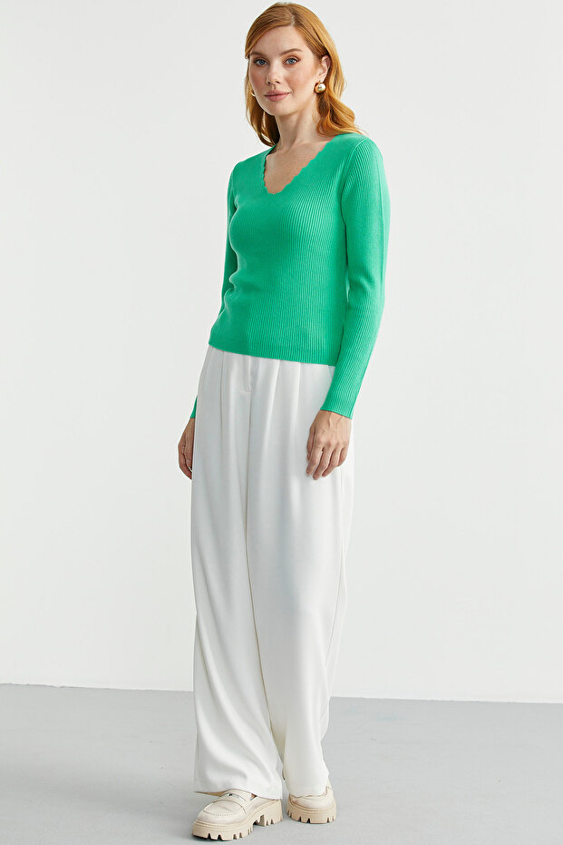 Ribbed Basic V-Neck Knit Sweater - Green - 4