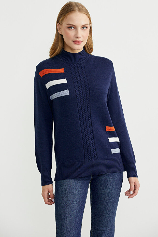 Turtleneck Color Detailed Knitwear Sweater - Navy Blue