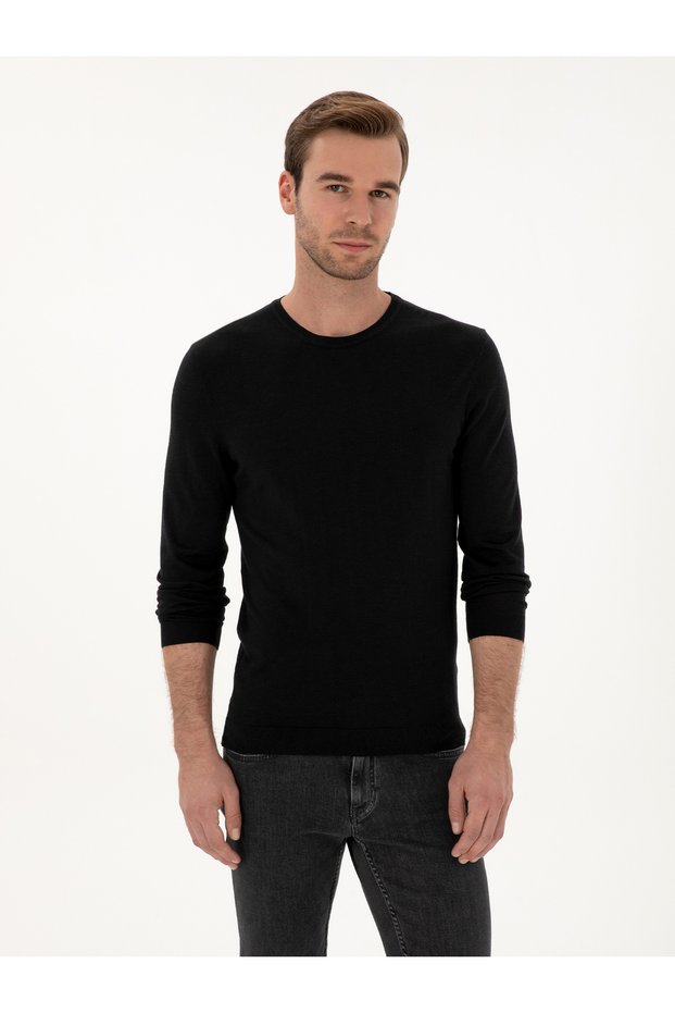 Black Slim Fit Cashmere Silk Blend Crew Neck Knitwear Sweater 50316307-Vr046