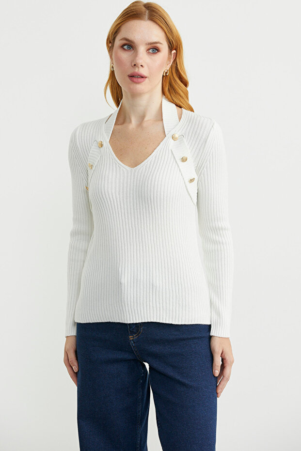 Halter Neck Ribbed Knit Sweater - Bone - 2