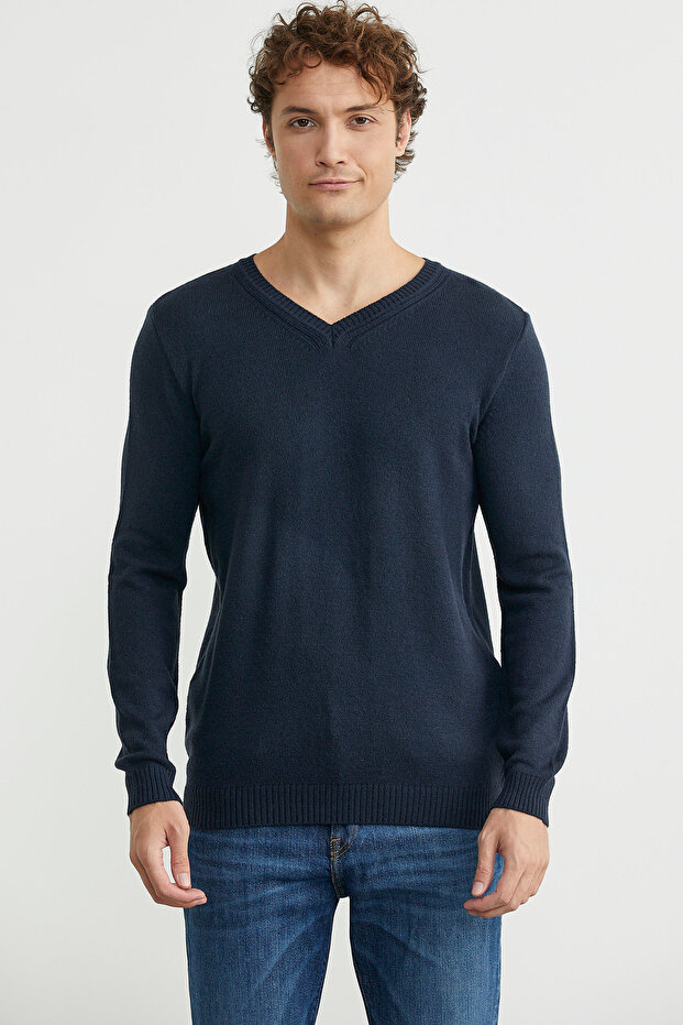 سترة تريكو أساسية برقبة على شكل حرف V - أزرق داكن - 1