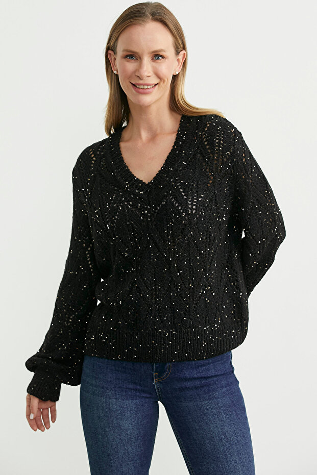 Delikli V Yaka Pullu Triko Kazak - Siyah - 3