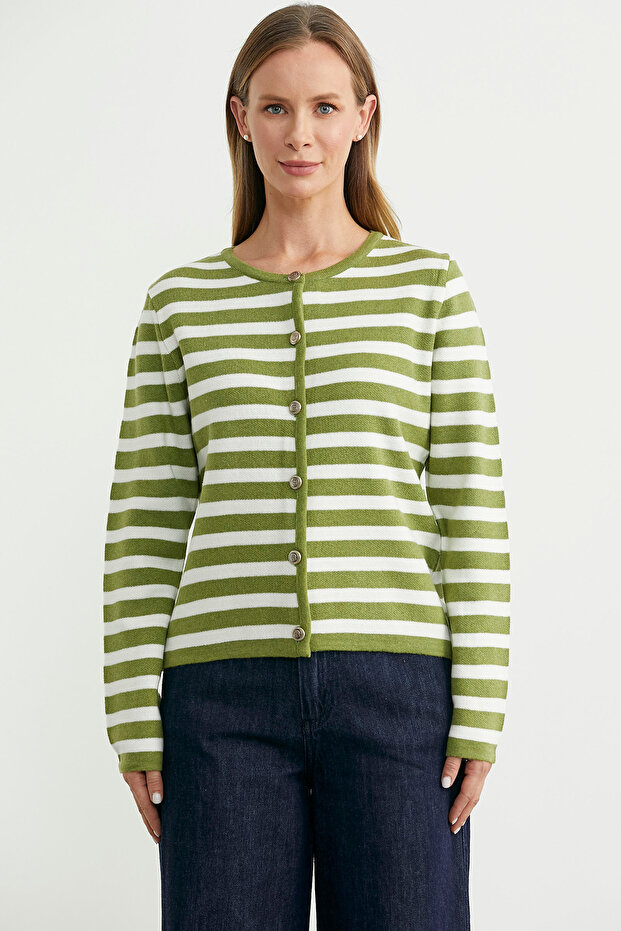 Colorful Striped Knitwear Short Cardigan - Green