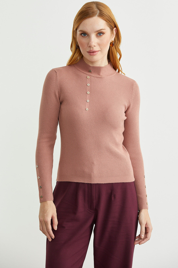 Fitilli Dik Yaka Basic Triko Kazak - Gül - 1