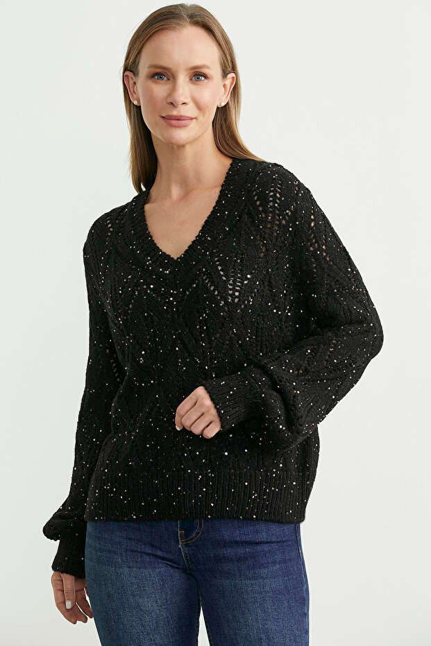 Delikli V Yaka Pullu Triko Kazak - Siyah - 2