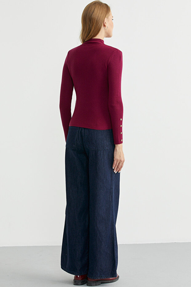 Fitilli Dik Yaka Basic Triko Kazak - Bordo - 6