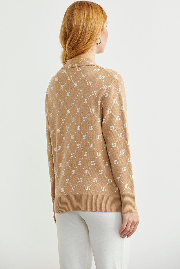 Logolu Cep Detaylı Oversize Triko Hırka - Kamel - 6