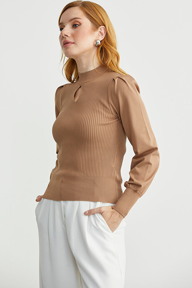 Dik Yaka Balon Kol Triko Kazak - Kamel - 4