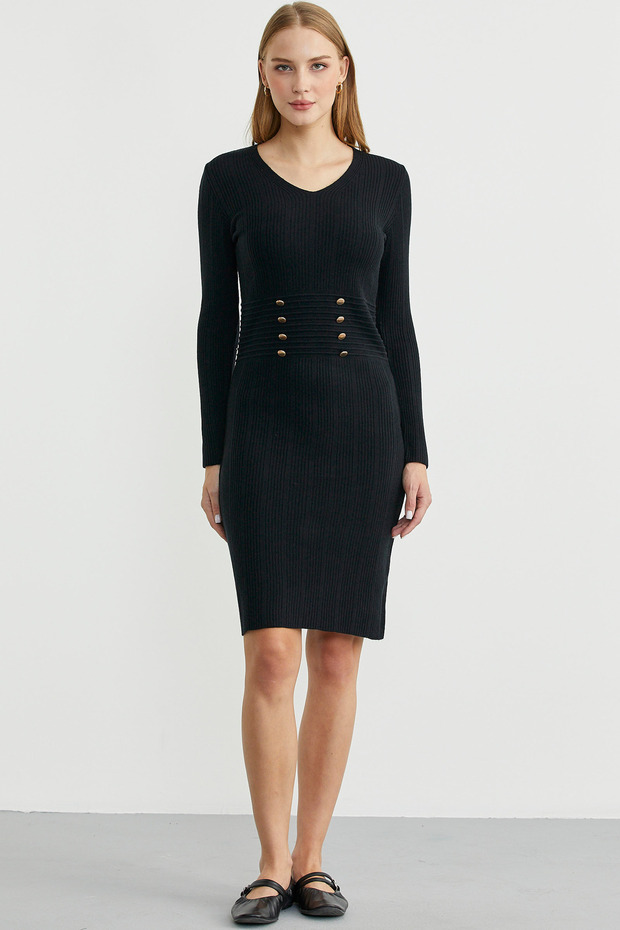 Button Detailed V-Neck Knitwear Dress - Black