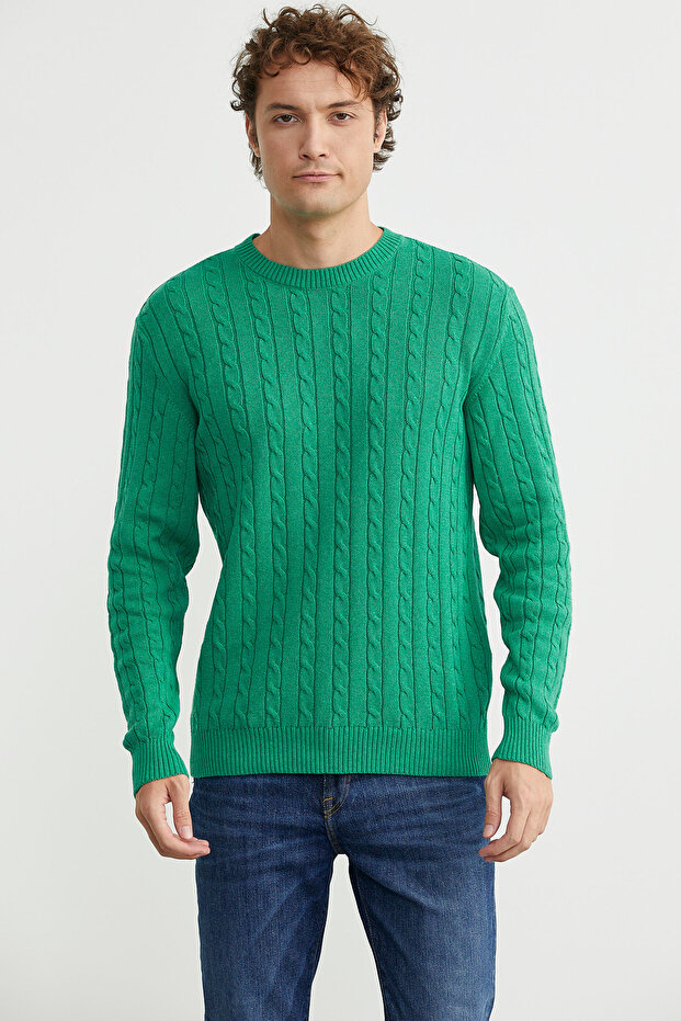 Cotton Hair Knit Detailed Sweater - Green