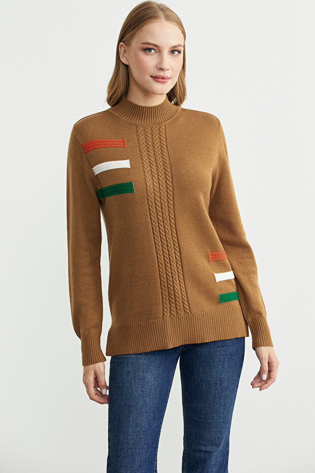 Turtleneck Color Detailed Knitwear Sweater - Camel