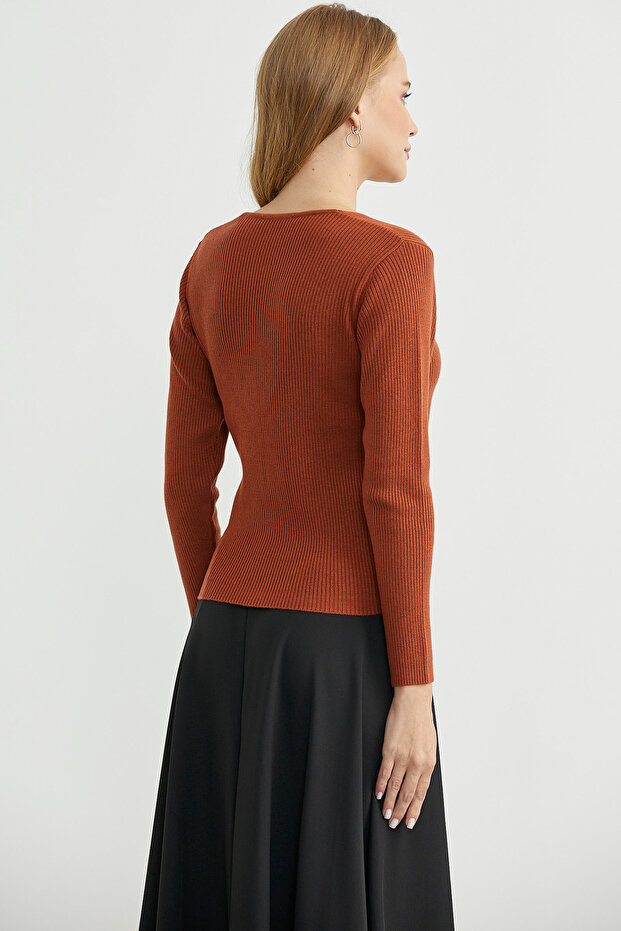 Fitilli Basic V Yaka Triko Kazak - Kiremit - 5