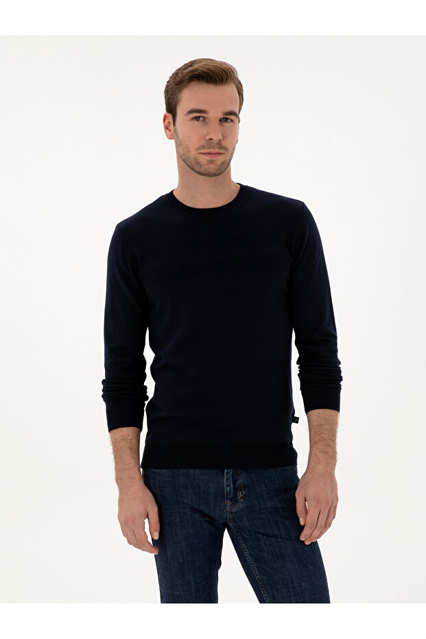 Navy Blue Slim Fit Cotton Blend Crew Neck Knitwear Sweater 50318982-Vr033