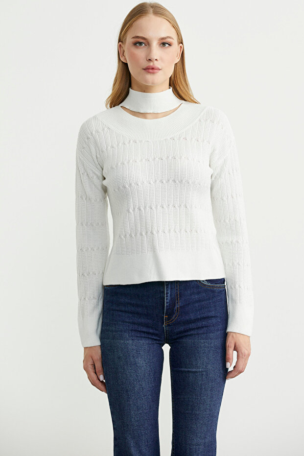 Saç Örgü Basic Dik Yaka Triko Kazak - Kemik - 2