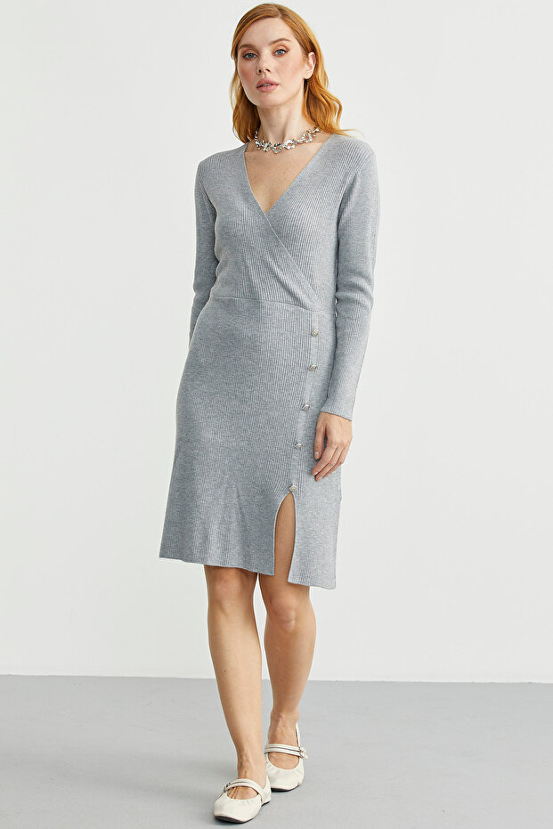 Double-Breasted Button Detailed Knitwear Dress - Gray