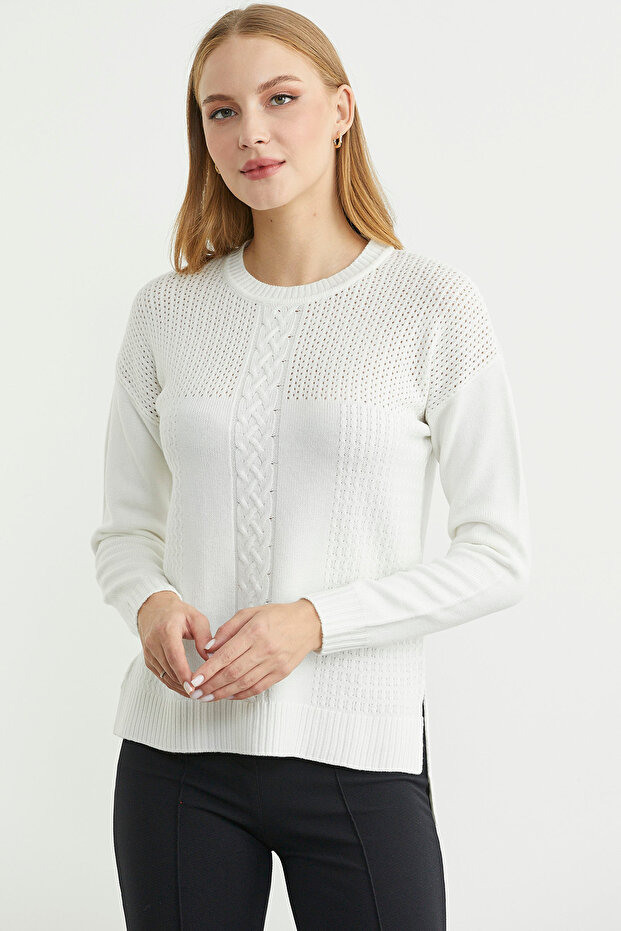 Patterned Long Back Knit Sweater - Bone - 4