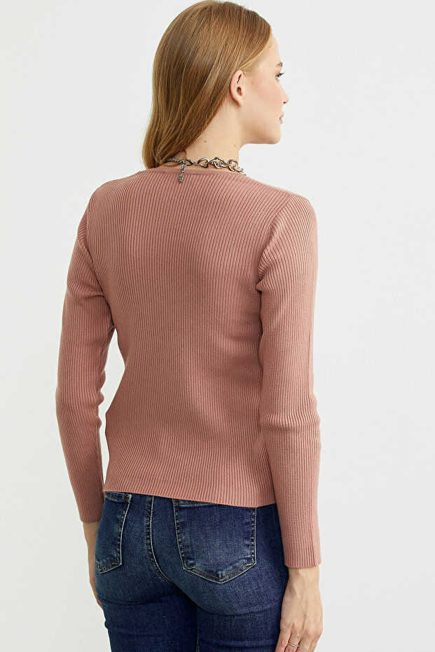 Fitilli Basic V Yaka Triko Kazak - Gül - 6