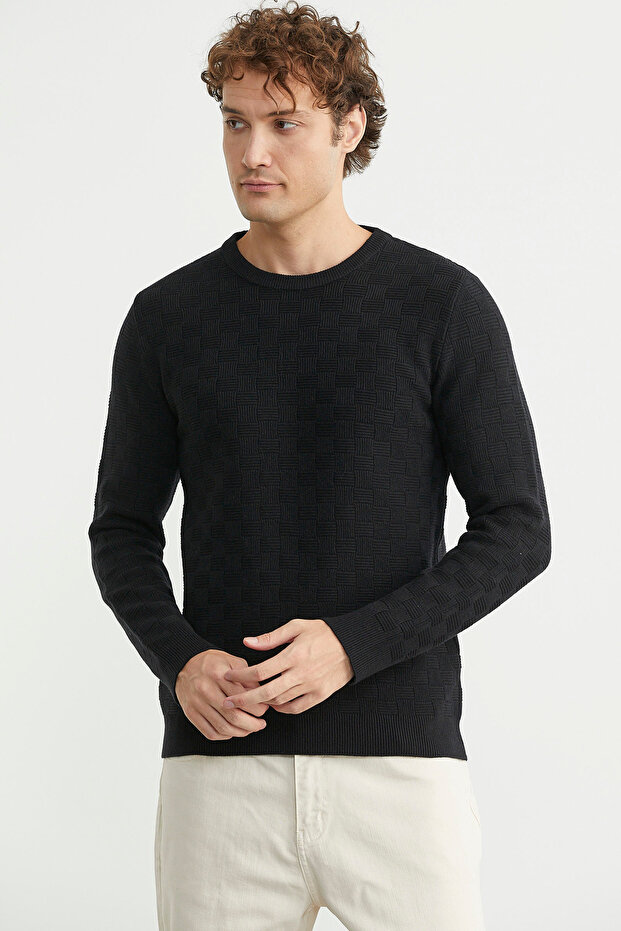 سترة تريكو بياقة دائرية منقوشة - أسود - 3