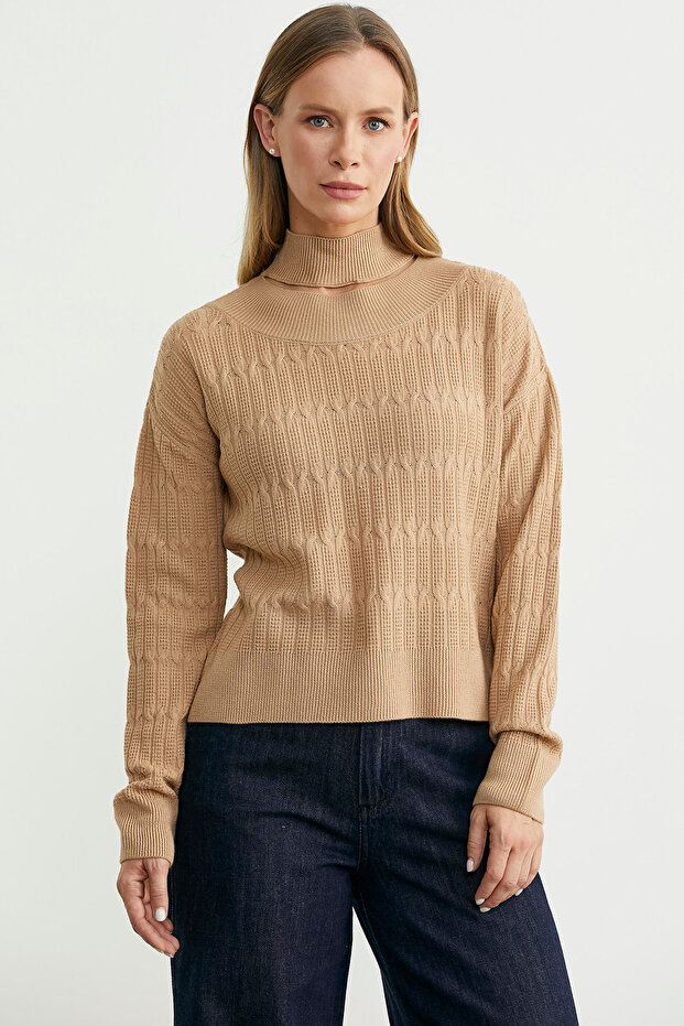 Saç Örgü Basic Dik Yaka Triko Kazak - Kamel - 3