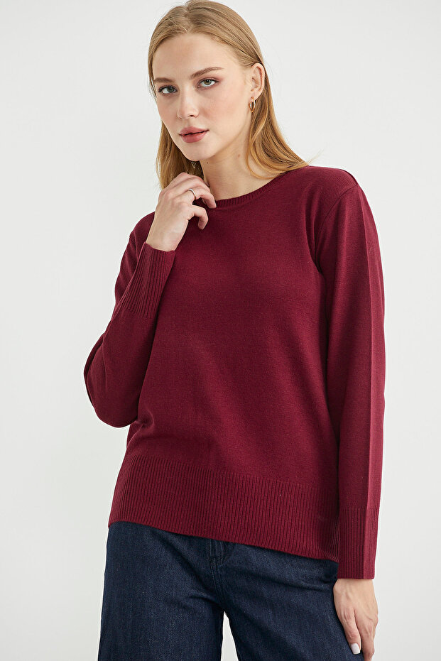 Bisiklet Yaka Yünlü Basic Triko Kazak - Bordo - 3