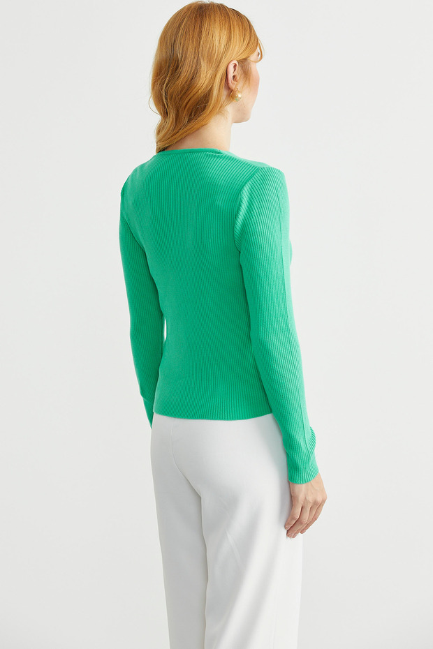 Ribbed Basic V-Neck Knit Sweater - Green - 6