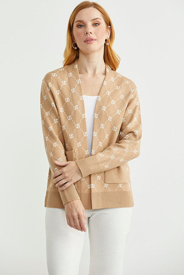 Logolu Cep Detaylı Oversize Triko Hırka - Kamel - 4