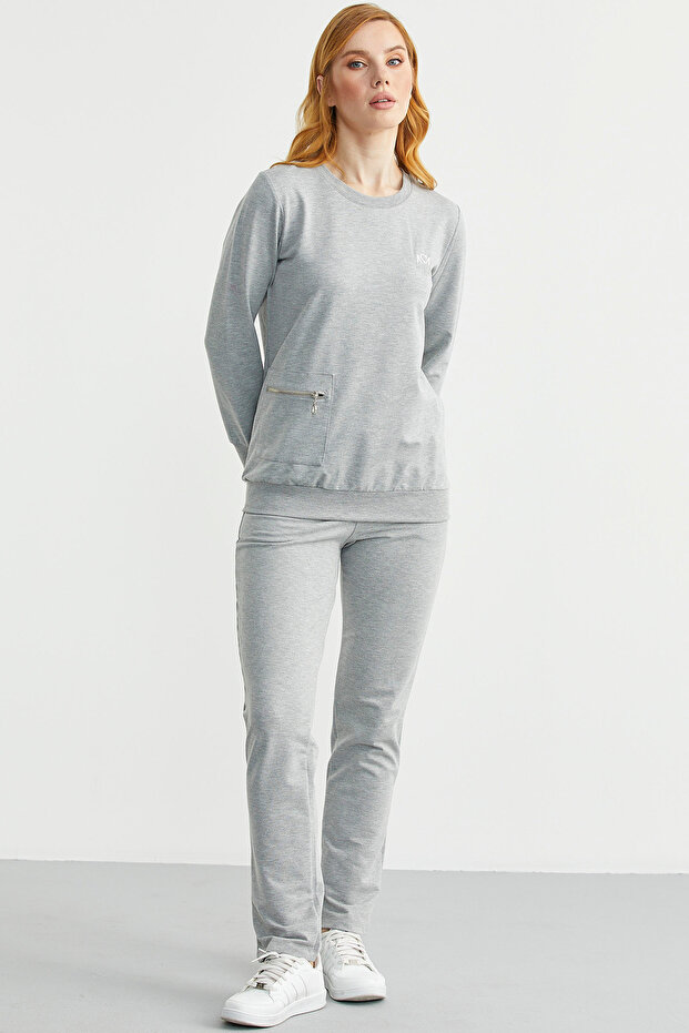 Zero Neck Pocket Tracksuit Set - Gray - 3