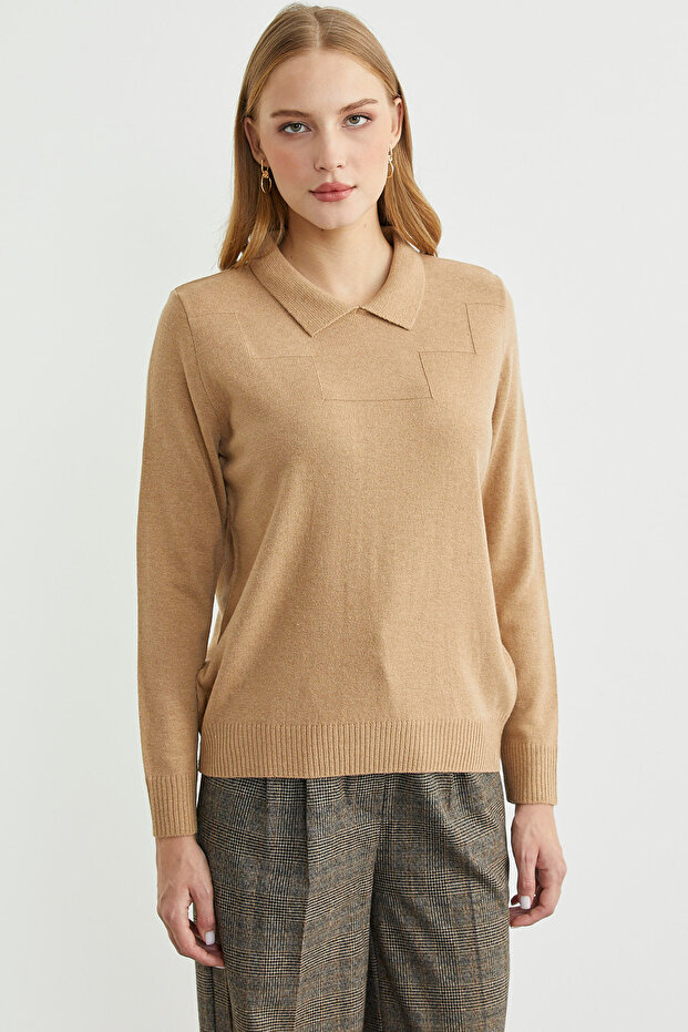 Bebe Yaka Yünlü Triko Kazak - Kamel - 5