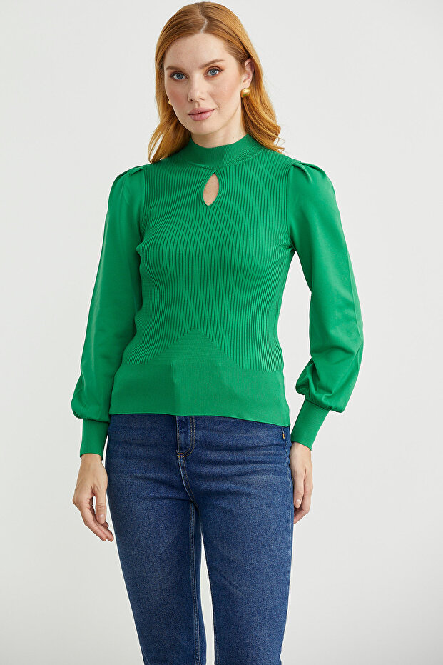 High Neck Balloon Sleeve Knit Sweater - Green