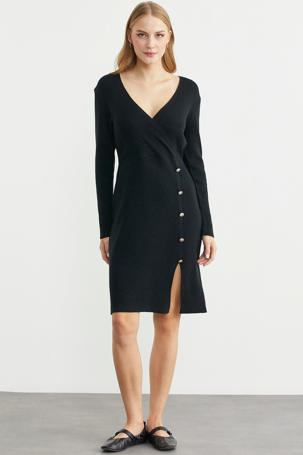 Double-Breasted Button Detailed Knitwear Dress - Black