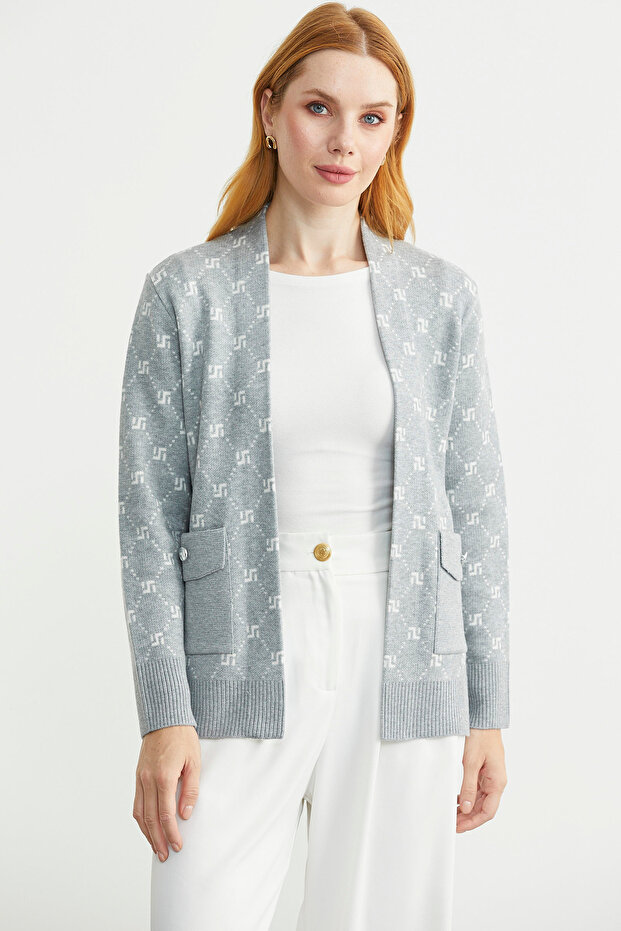 Oversize Knit Cardigan with Pocket Detail and Logo - Gray
