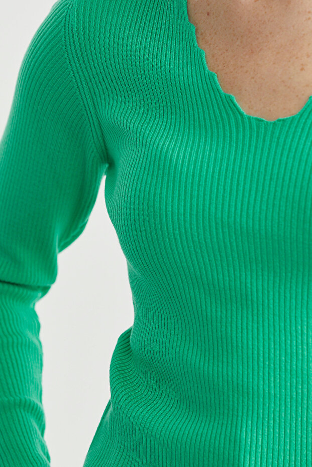 Ribbed Basic V-Neck Knit Sweater - Green - 5